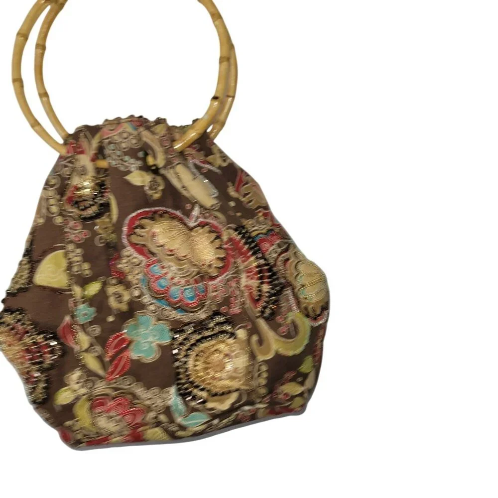 Tianni Floral Embroidered Boho Fabric Handbag With Bamboo Ring Handles